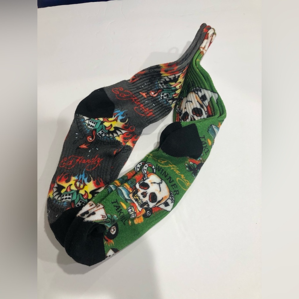 Ed Hardy green‎ and gray multi iconic Ed Hardy printed l crew socks - 2pairs new